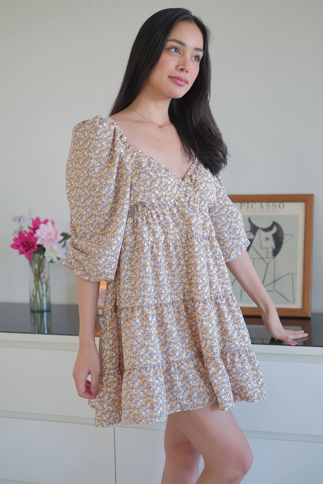 Caroline baby doll dress - beige ditsy floral - Image 3