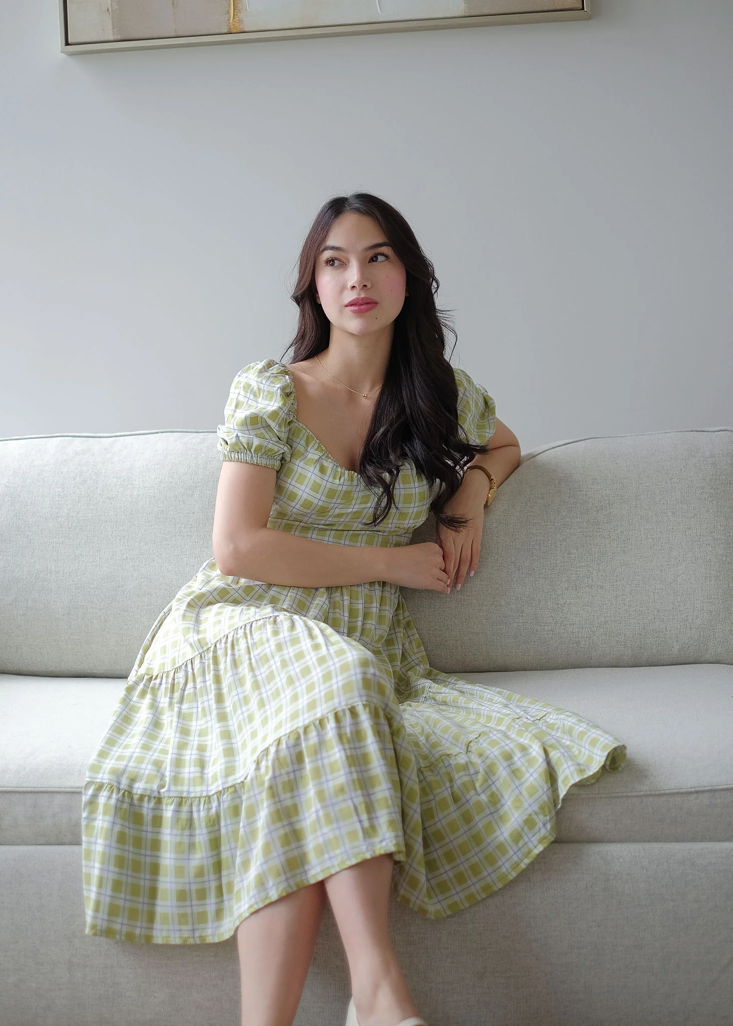 Dakota Midi Dress - pear green plaid - Image 2