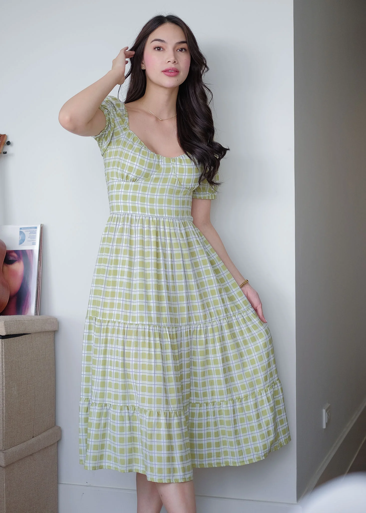 Dakota Midi Dress - pear green plaid - Image 4
