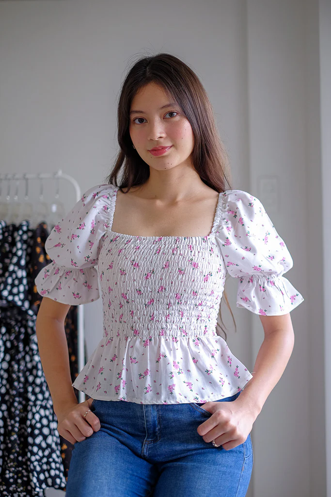 Elara Smocked Peplum Top - white with pink floral - Image 3