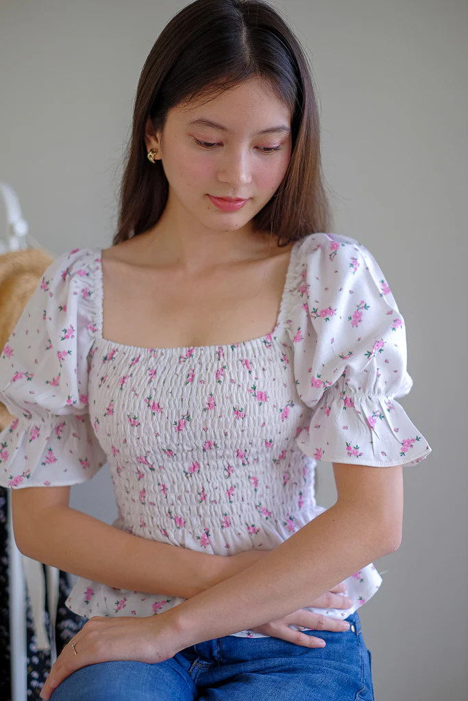 Elara Smocked Peplum Top - white with pink floral - Image 4