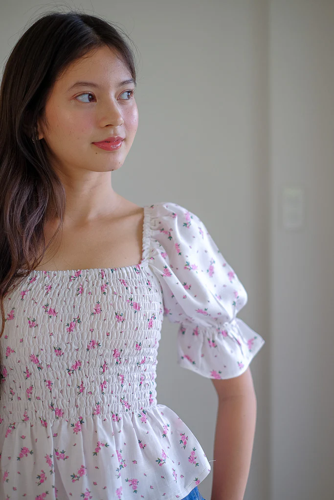 Elara Smocked Peplum Top - white with pink floral - Image 5
