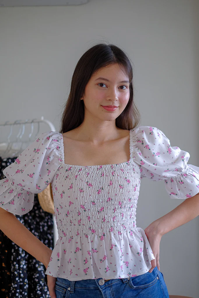 Elara Smocked Peplum Top - white with pink floral - Image 6