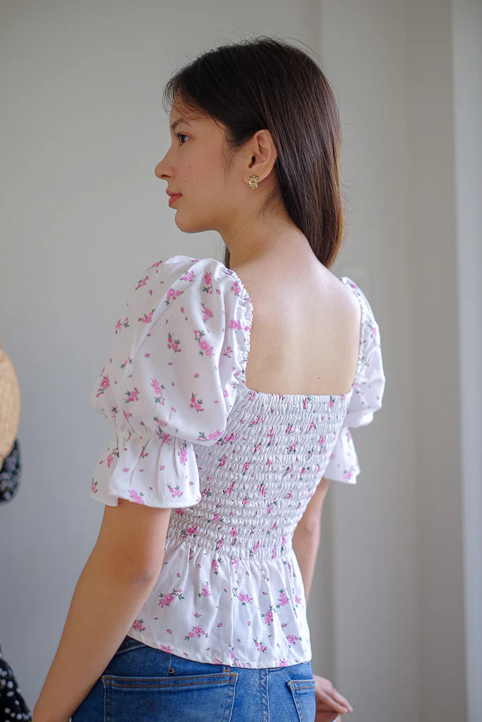 Elara Smocked Peplum Top - white with pink floral - Image 7